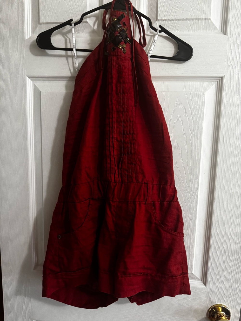 XOXO Rust Red Halter Romper with Embroidered Yoke